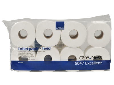 TOILETPAPIR ABENA CARE-NESS EXELLENT 3-LAGS, 34,2MX9,75CM, 72RL. 100% NYFIBER HVID