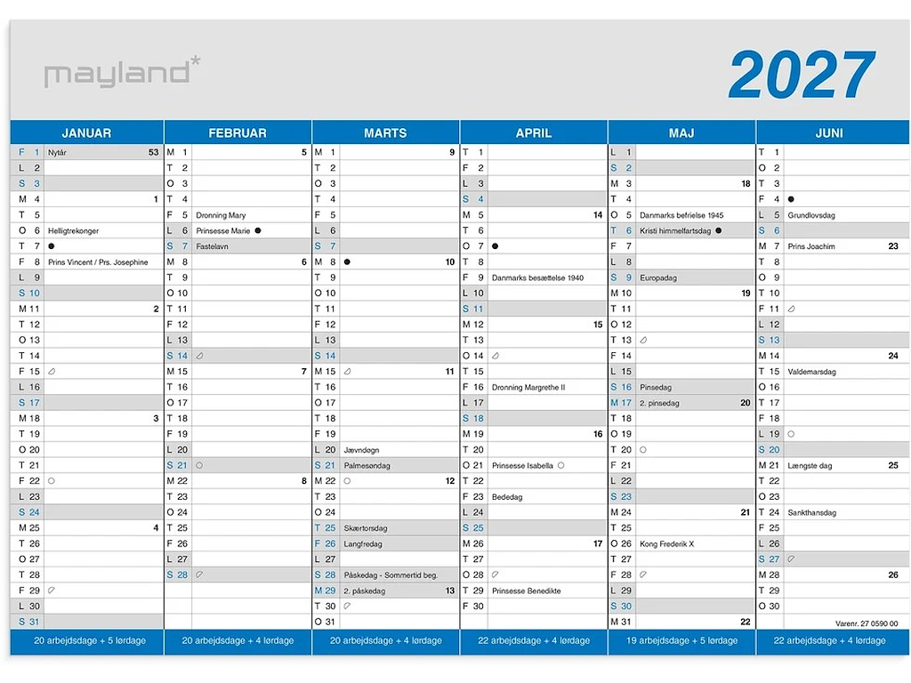 KALENDER MAYLAND 2027 27059000 2X6MDR. KONTORKALENDER KLASSISK A4 21X29,6CM