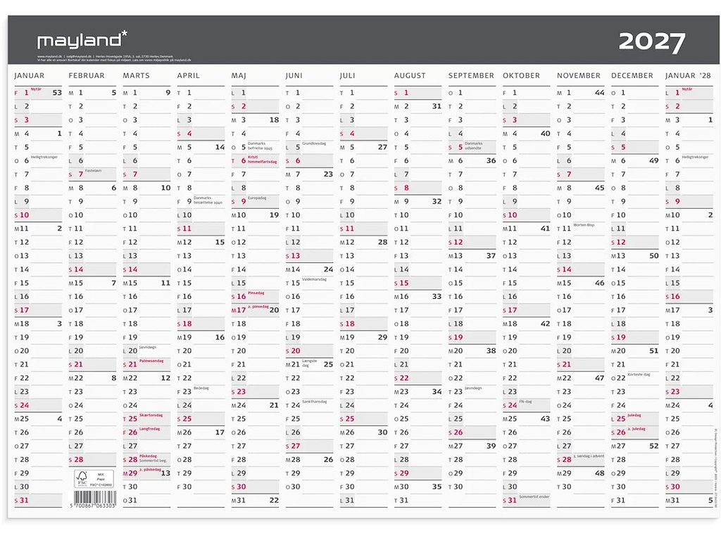 KALENDER MAYLAND 2027 27063300 1X13MDR. KONTORKALENDER MODERNE A3 42X29,7CM