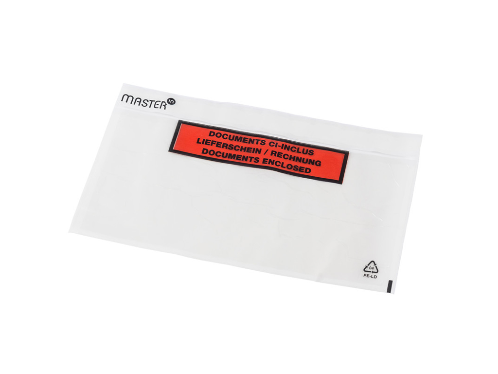 FØLGESEDDELLOMMER MASTER'IN 240X140MM LD TRANSPARENT MED TRYK 1000 STK/KRT