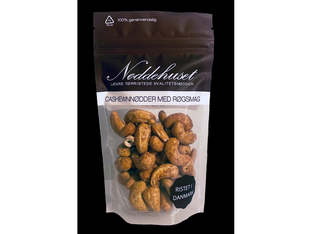 NØDDEHUSET CASHEWNØDDER MED RØGSMAG TØRRISTEDE 85GR.