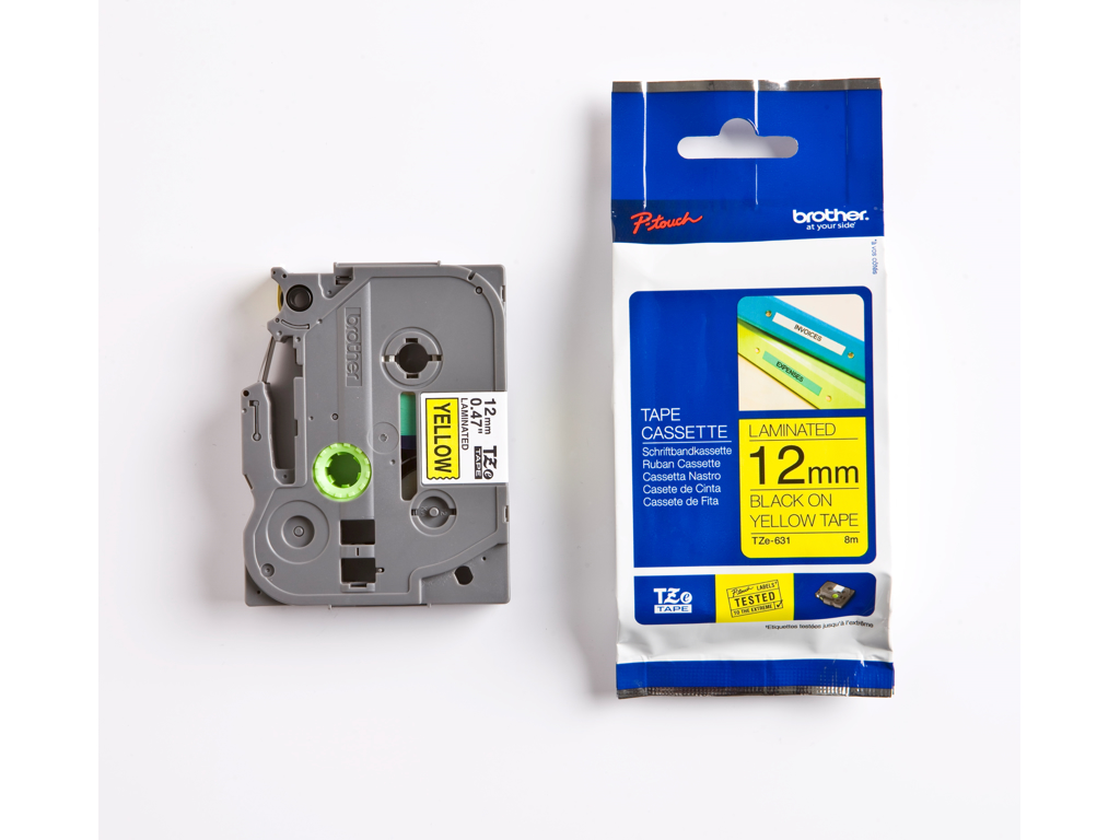 PRÆGETAPE BROTHER TZe631 12MMX8M. SORT TEKST PÅ GUL TAPE 