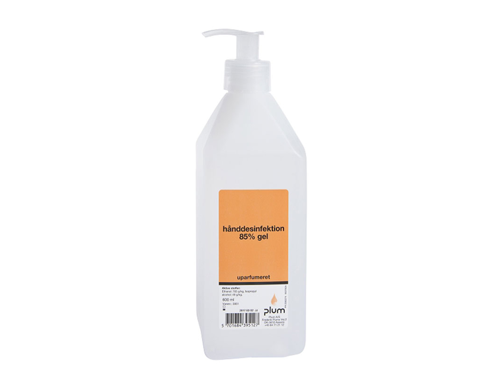 HÅNDDESINFEKTION PLUM SPRITGEL 85% M/GLYCEROL 600 ML PUMPEFLASKE PLUMS 3951