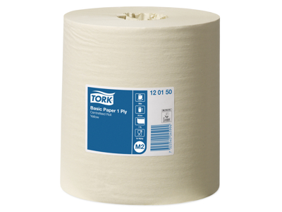 AFTØRRINGSPAPIR TORK BASIC M2 1-LAGS GUL 300M Ø19CM KARTON MED 6 RL. 120150