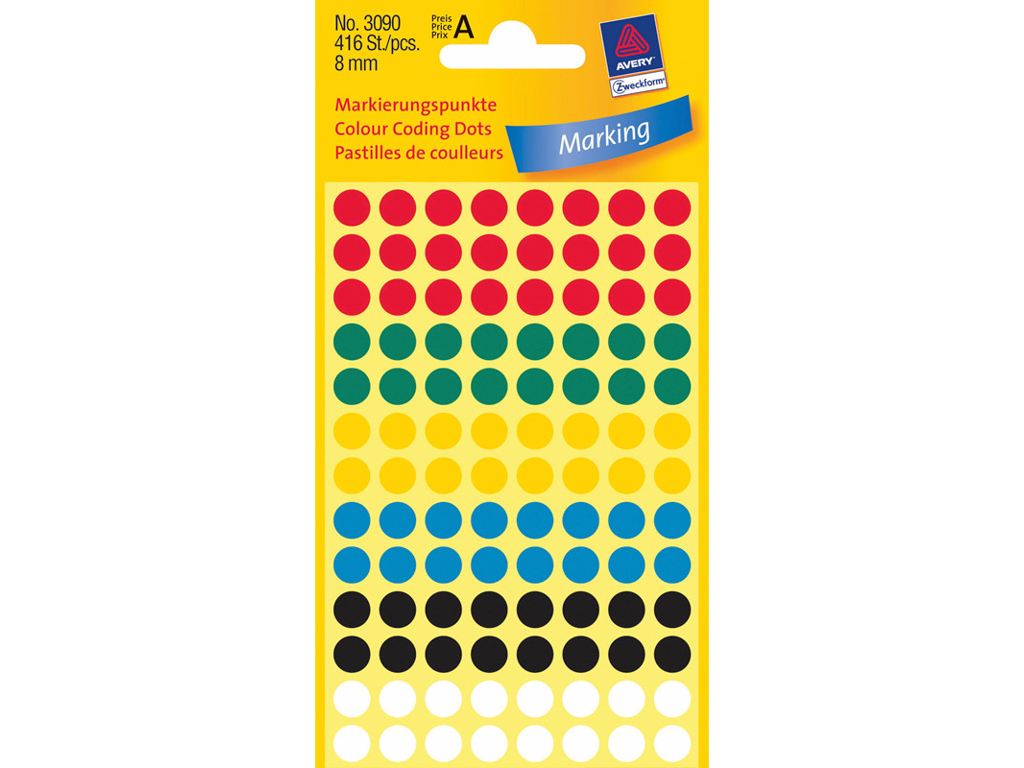 ETIKET AVERY 6 ASS. FARVER  Ø8MM 3090 416STK/PK 
