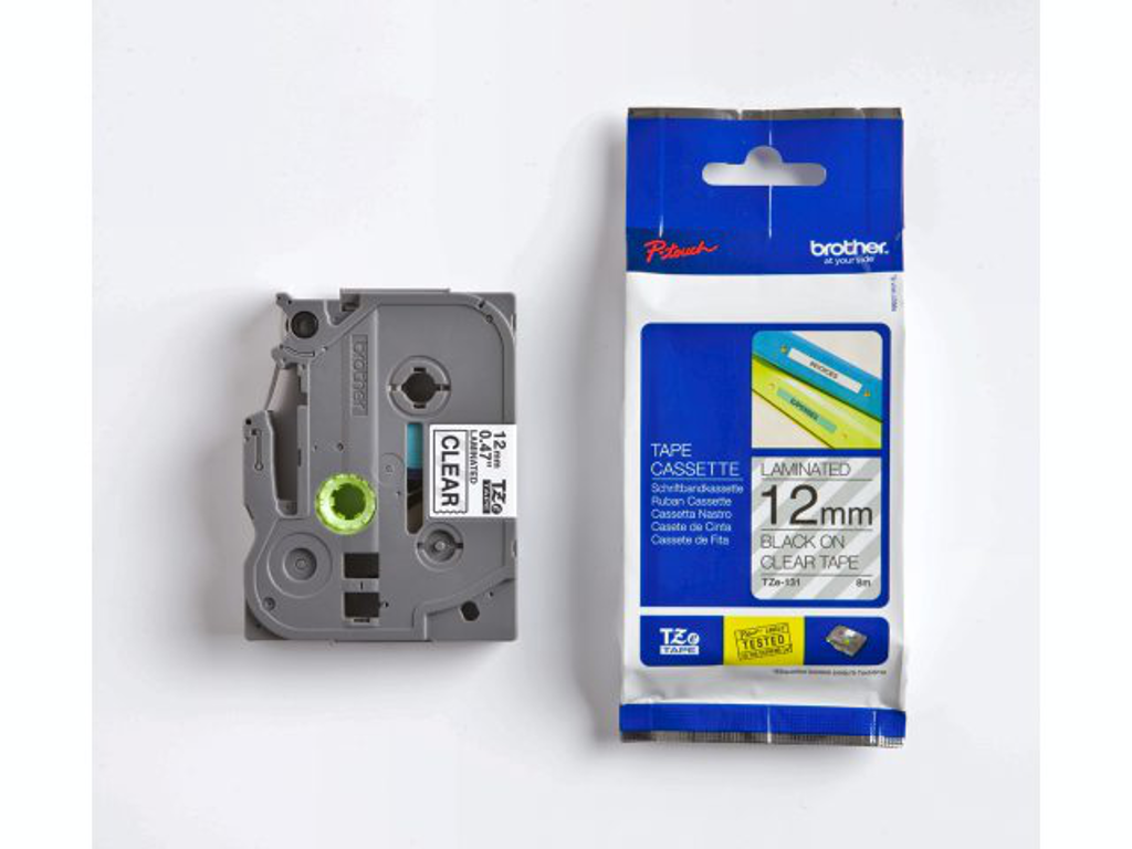 PRÆGETAPE BROTHER TZe131 12MMX8M SORT TEKST PÅ KLAR TAPE 