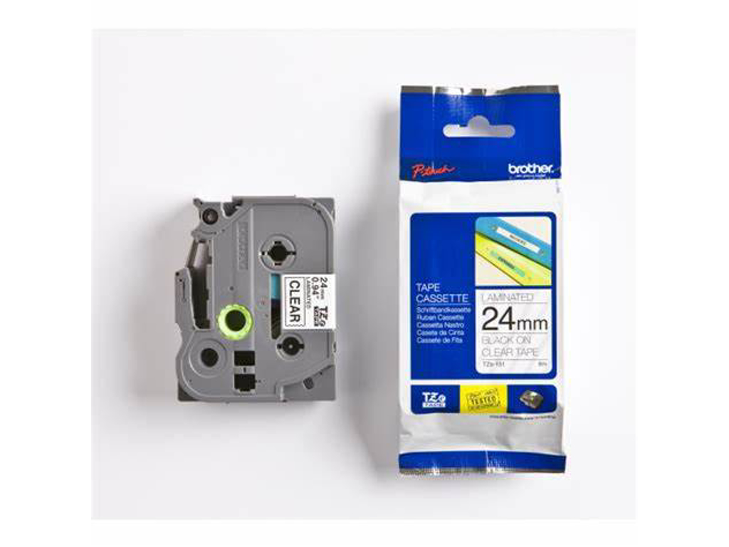 PRÆGETAPE BROTHER TZE151 24MMX8M SORT TEKST PÅ KLAR TAPE 