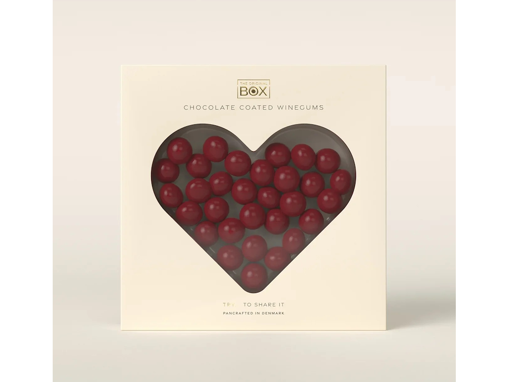 THE ORIGINAL BOX HEART BOX 240GR. VINGUMMI MED HINDBÆR OG HVID CHOKOLADE