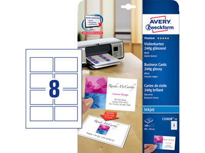 VISITKORT AVERY TIL INKJET HVID 240 GR. 8/ARK A 25 ARK C32028 *** 