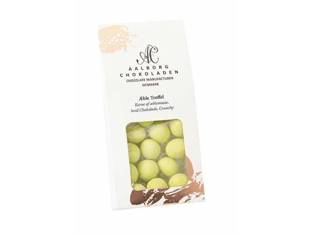 AALBORG CHOKOLADEN ÆBLE TRØFFEL KERNE AF ÆBLEMASSE, HVID CHOKOLADE, CRUNCHY 90GR.