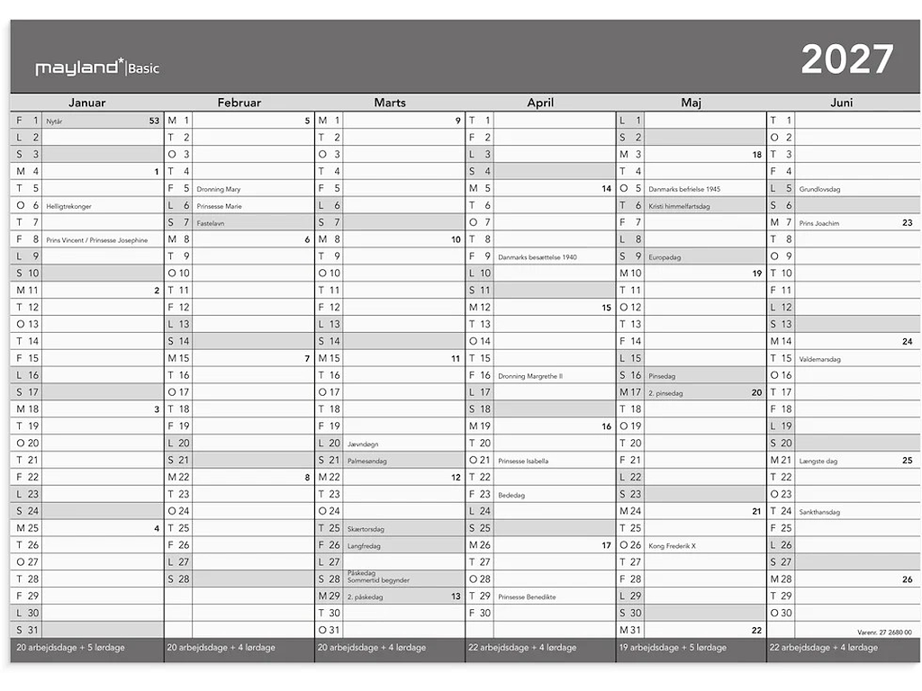 KALENDER MAYLAND 2027 27268000 KONTORKALENDER BASIC A4 21X29,6CM