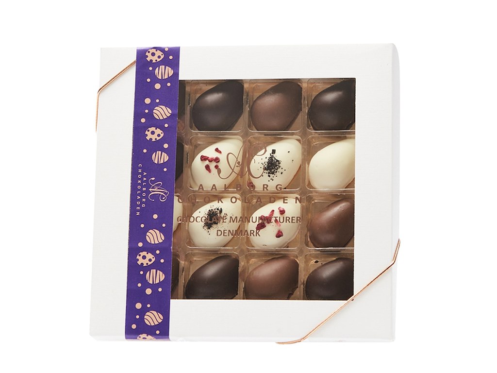 AALBORG CHOKOLADEN PÅSKEÆSKE PURPLE SPRING 16 STK. KONFEKTÆG 160GR. 50233