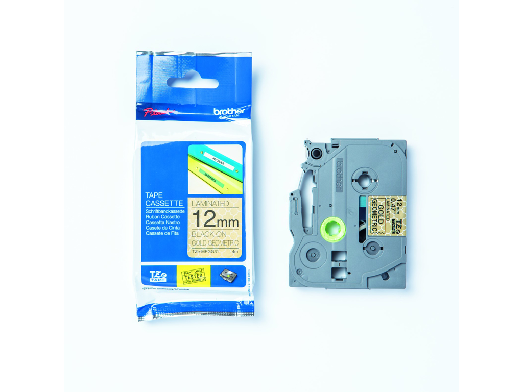 PRÆGETAPE BROTHER TZEMPGG31 12MMX 4M SORT PÅ GULD GEOMETRIC     *** 