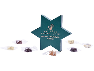 AALBORG CHOKOLADEN JULESTJERNEN  MED 7 ASS. CHOKOLADESTYKKER 70GR.