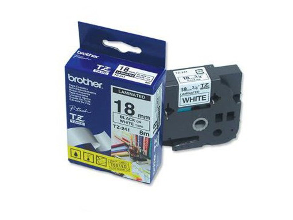 PRÆGETAPE BROTHER TZE241 18MMX8M. SORT TEKST PÅ HVID TAPE  