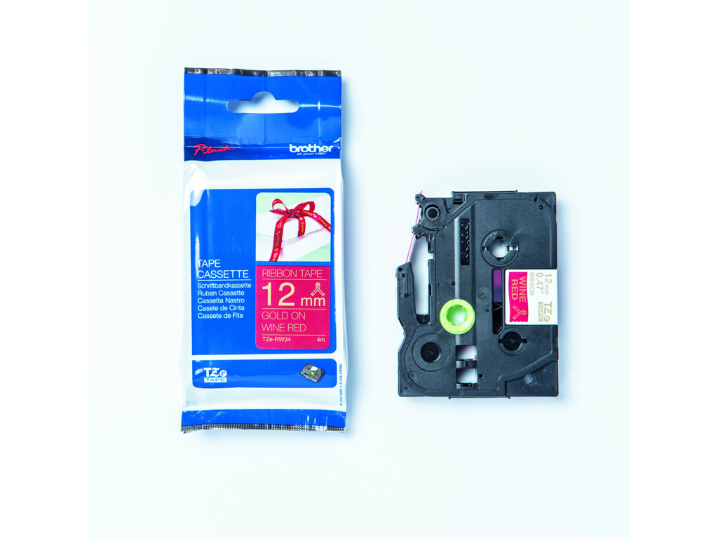 PRÆGETAPE BROTHER TZEERE34 12MMX4M GULD PÅ VINRØD IKKE SELVKLÆBENDE