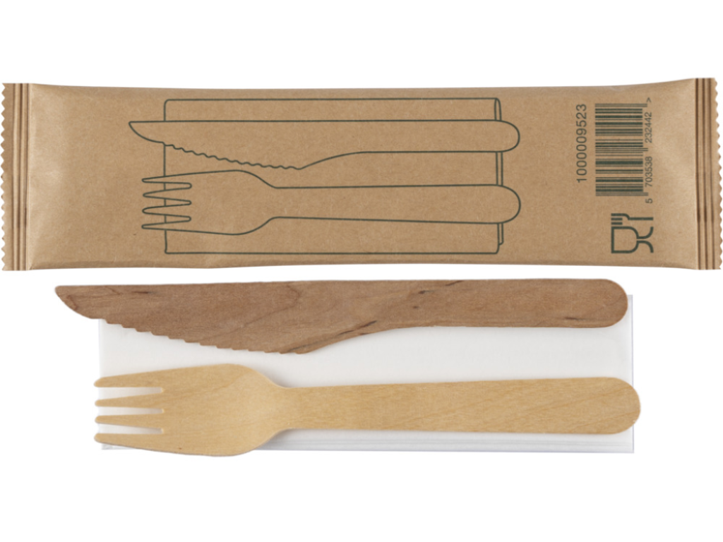 ENGANGSARTIKEL BESTIKSÆT 160 MM BRUN BIRKETRÆ KNIV,GAFFEL,SERVIET 