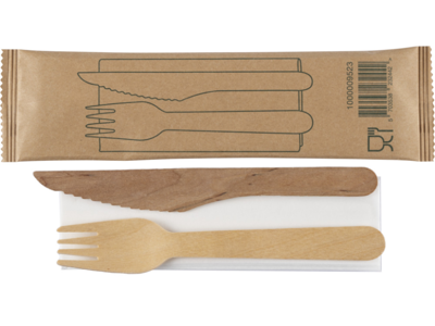 ENGANGSARTIKEL BESTIKSÆT 160 MM BRUN BIRKETRÆ KNIV,GAFFEL,SERVIET 