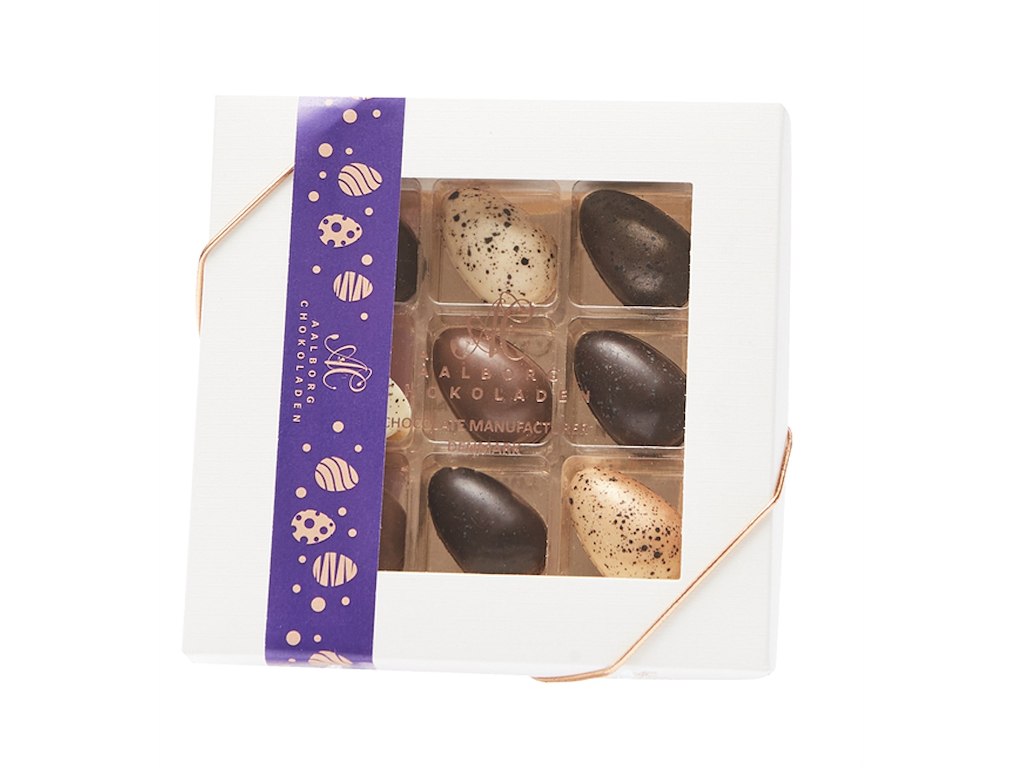 AALBORG CHOKOLADEN PÅSKEÆSKE PURPLE SPRING 9 DESSERTÆG 90GR.