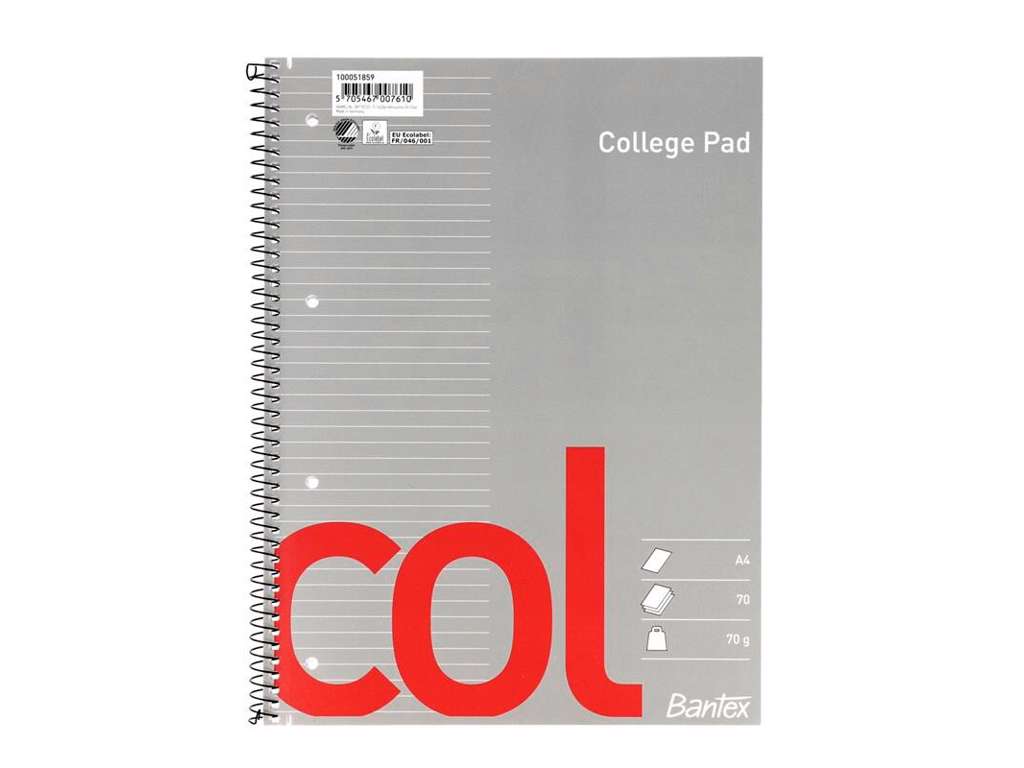 BLOK A4 KOLLEGIEBLOK BANTEX HVID M/SPIRALRYG LINIERET 70 BL. 70GR. 100051859
