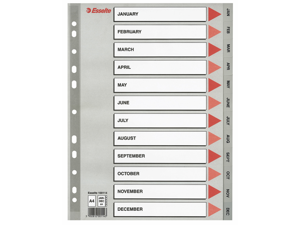 REGISTER ESSELTE A4 PLAST JAN-DEC GRÅ MED KARTONFORBLAD 100114