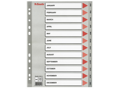 REGISTER ESSELTE A4 PLAST JAN-DEC GRÅ MED KARTONFORBLAD 100114