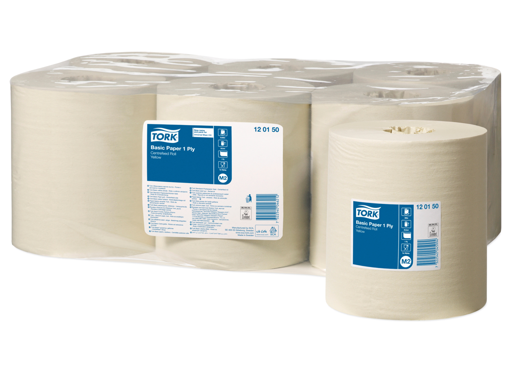 AFTØRRINGSPAPIR TORK BASIC M2 1-LAGS GUL 300M Ø19CM KARTON MED 6 RL. 120150