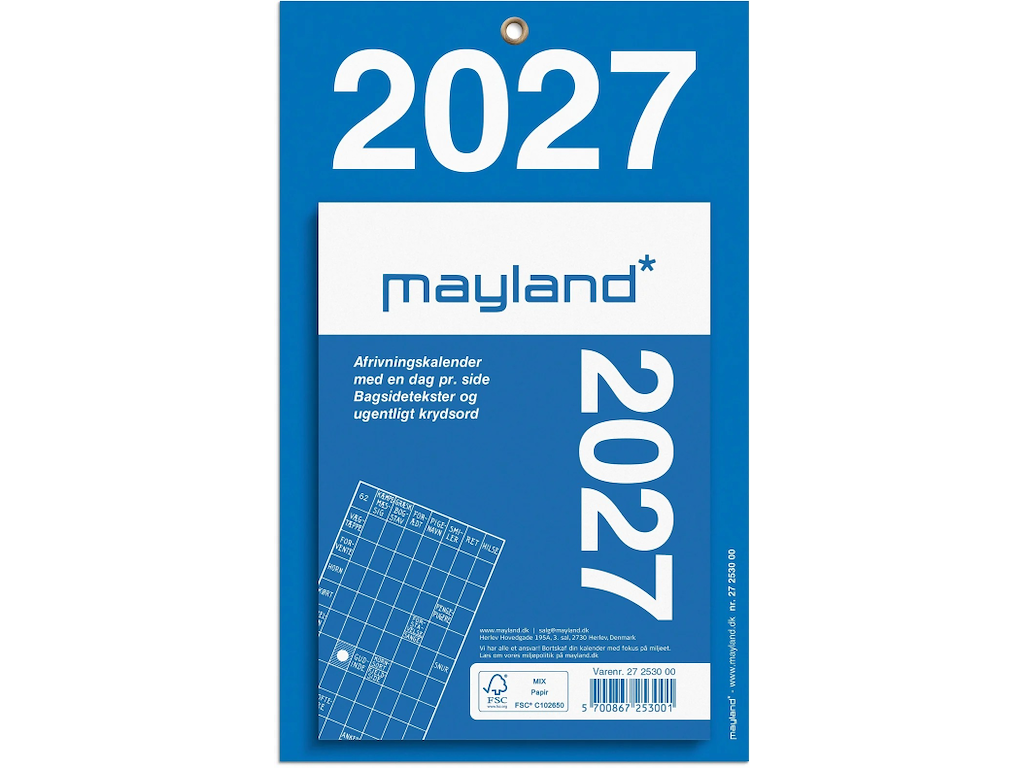 KALENDER MAYLAND 2027 27253000 AFRIVNINGSKALENDER MED BAGSIDETEKST 11,5X15,8CM