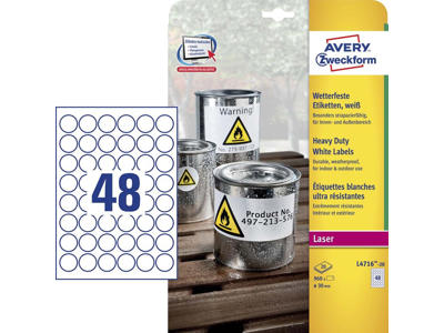 ETIKET AVERY LASER STÆRK HVID *** Ø30MM 48 STK. PR. ARK L4716REV-20 AFTAGELIG VANDFAST ETIKET