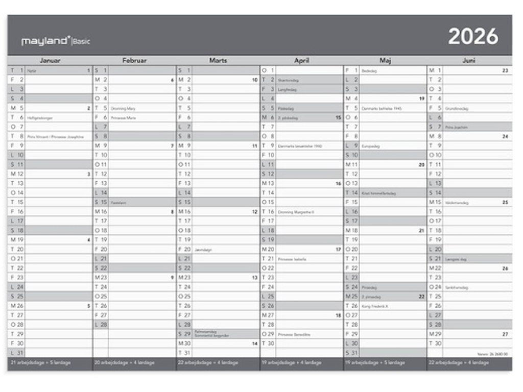 KALENDER MAYLAND 2026 26268000 BASIC KONTORKALENDER A4 KARTON 21X29,7CM ***