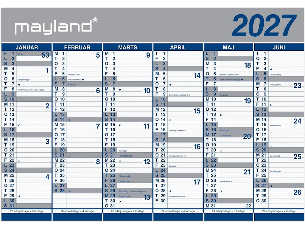 KALENDER MAYLAND 2027 27064100 2X6MDR. KÆMPEKALENDER PAPIR 100X70CM