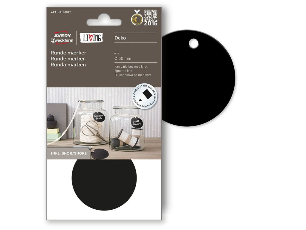 AVERY RUNDE MÆRKER Ø 50 MM. 4 STK SORTE TIL KRIDT INCL. SNOR    *** 62022N