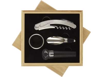 VINSÆT SYRAT 4-DELT, PROPTRÆKKER M. VINGER, PROP, SKÆNKER, DRÅBE- FANGER I LÆKKER BAMBUSÆSKE