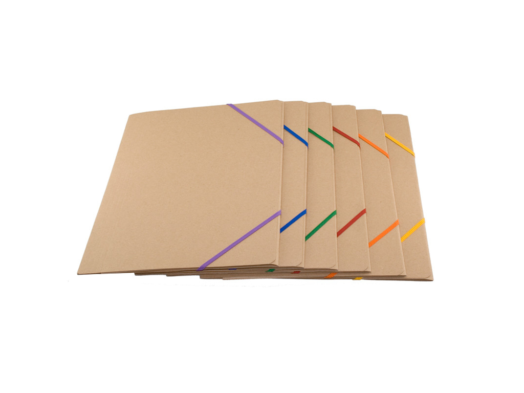 KARTONMAPPE Q-LINE A4 BRUN MED 3  KLAPPER OG ASS. FARVER I ELASTIK 530115