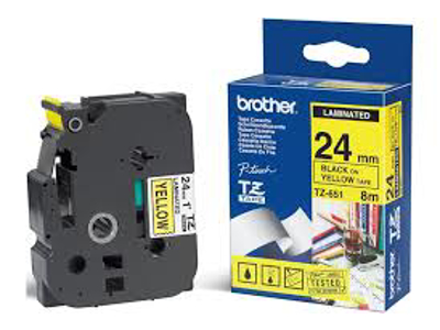 PRÆGETAPE BROTHER TZE651 24MMX8M SORT TEKST PÅ GUL TAPE 