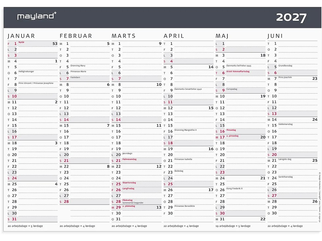 KALENDER MAYLAND 2027 27059050 2X6MDR. KONTORKALENDER MODERNE A4 21X29,6CM