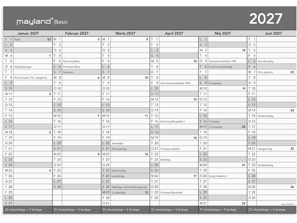 KALENDER MAYLAND 2027 27268500 BASIC KONTORKALENDER A3 KARTON 42X29,7CM