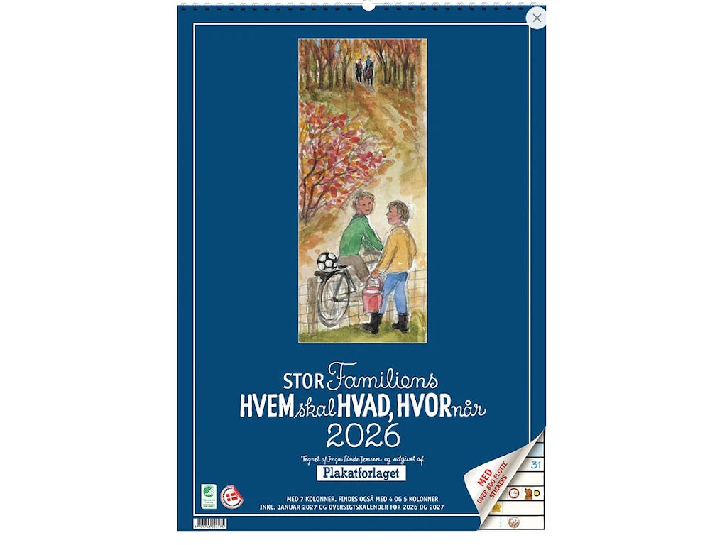 KALENDER PLAKATFORLAGET 2026 STORFAM. HVEM SKAL HVAD 7 KOLON. 34X48CM 2617