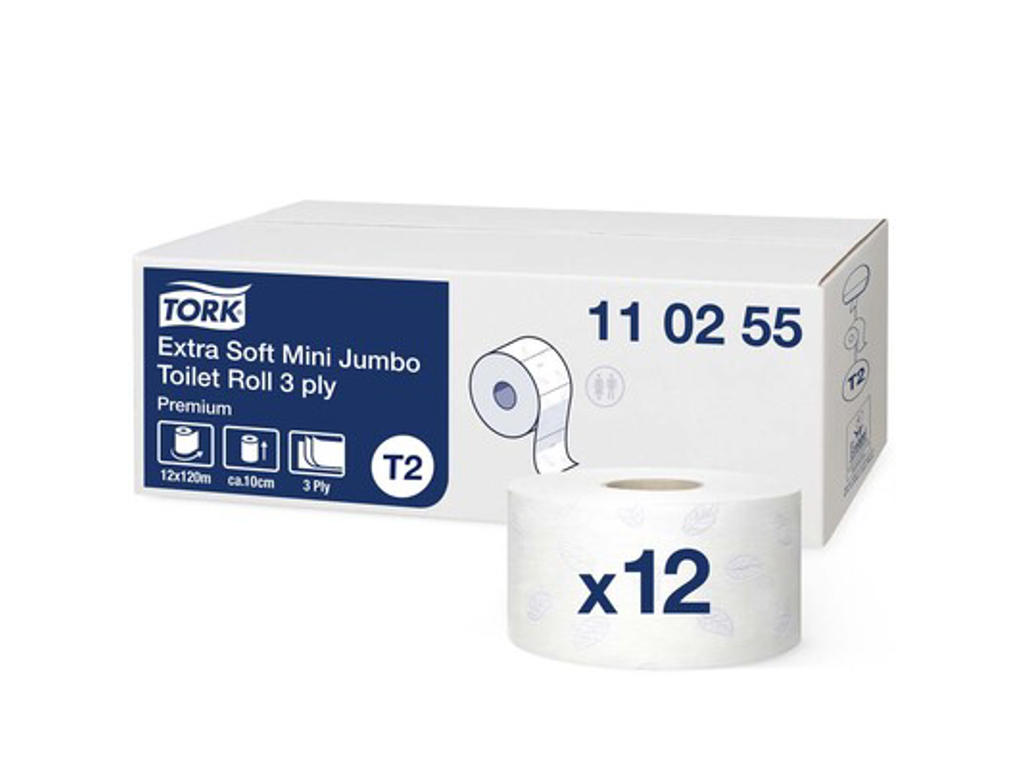 TOILETPAPIR TORK JUMBO MINI T2 PREMIUM EKSTRA SOFT 3-LAGS. 120M PR. RL. 12 RL. PR. PK. 110255 