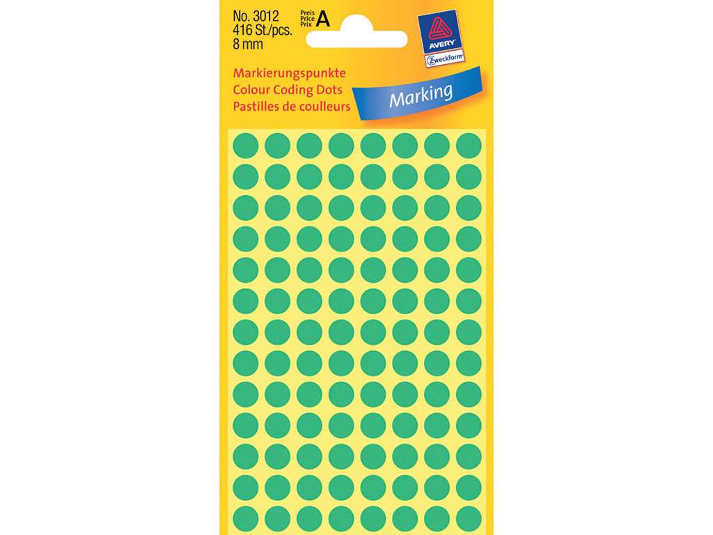 ETIKET AVERY Ø  8MM 416 STK/PK GRØN 3012 