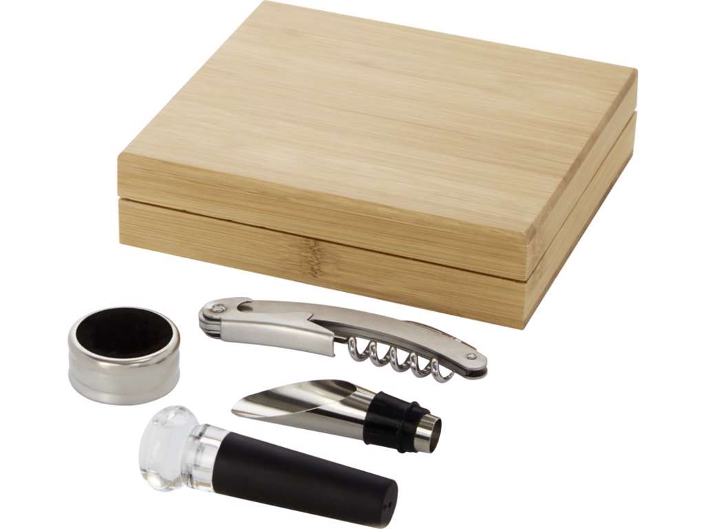 VINSÆT SYRAT 4-DELT, PROPTRÆKKER M. VINGER, PROP, SKÆNKER, DRÅBE- FANGER I LÆKKER BAMBUSÆSKE