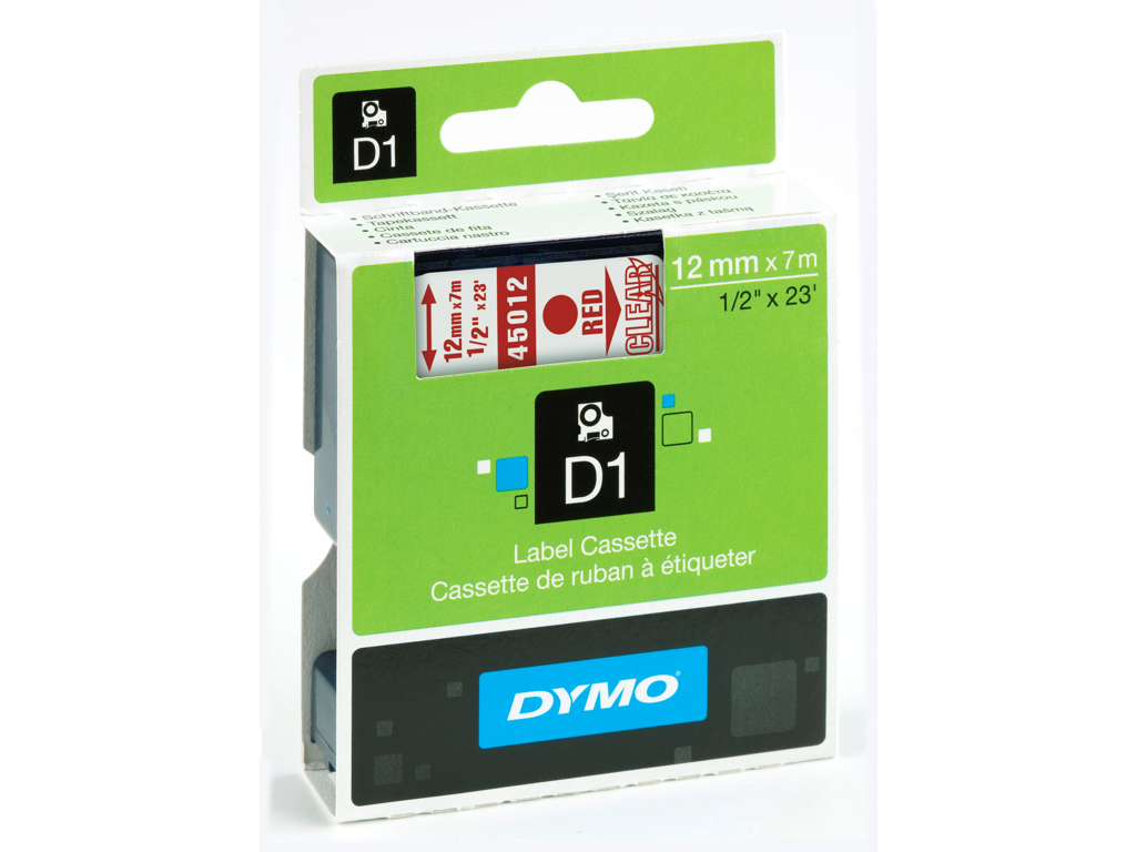 PRÆGETAPE DYMO D1 TAPE 12 MM.*** RØD/KLAR, SO720520 45012 