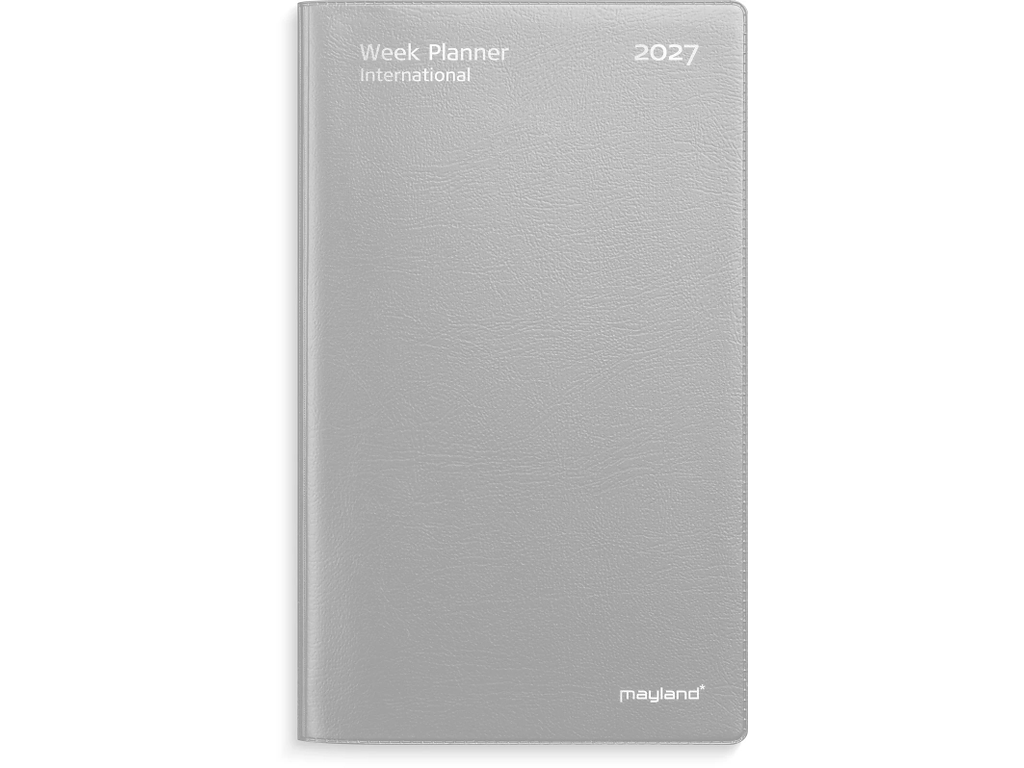 KALENDER MAYLAND 2027 27085400 WEEK PLANNER INTERNATONAL TVÆRFORMAT SØLV 9,5X16,8CM