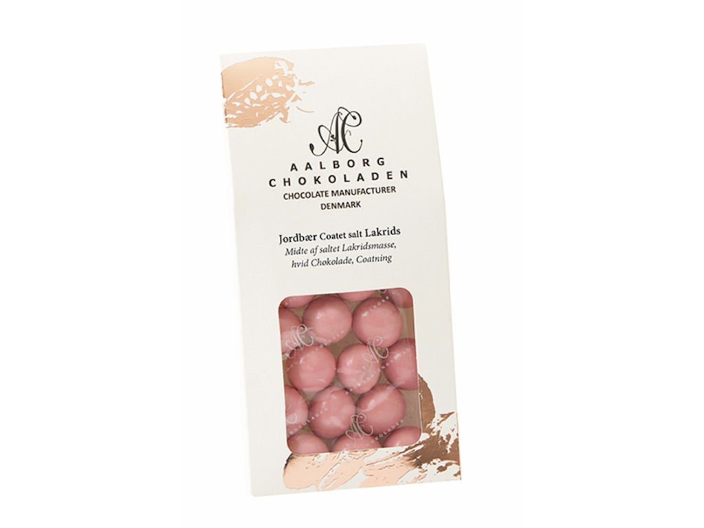 AALBORG CHOKOLADEN JORDBÆR COATED SALTLAKRIDS 90GR.