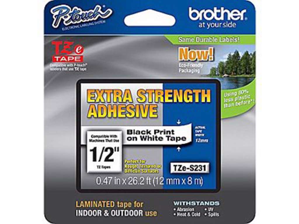 PRÆGETAPE BROTHER TZES231 12MMX8M SORT TEKST PÅ HVID TAPE EKSTRA KLÆBENDE