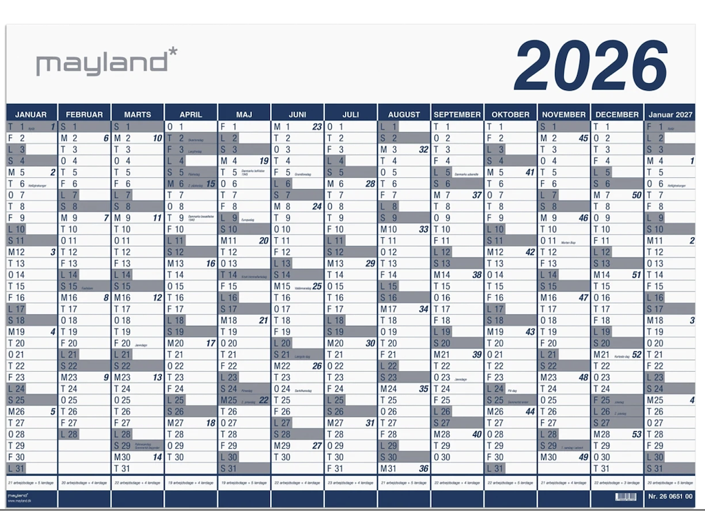 KALENDER MAYLAND 2026 26065100 KÆMPEKALENDER 1X13 MDR. PP-PLAST 100X70CM