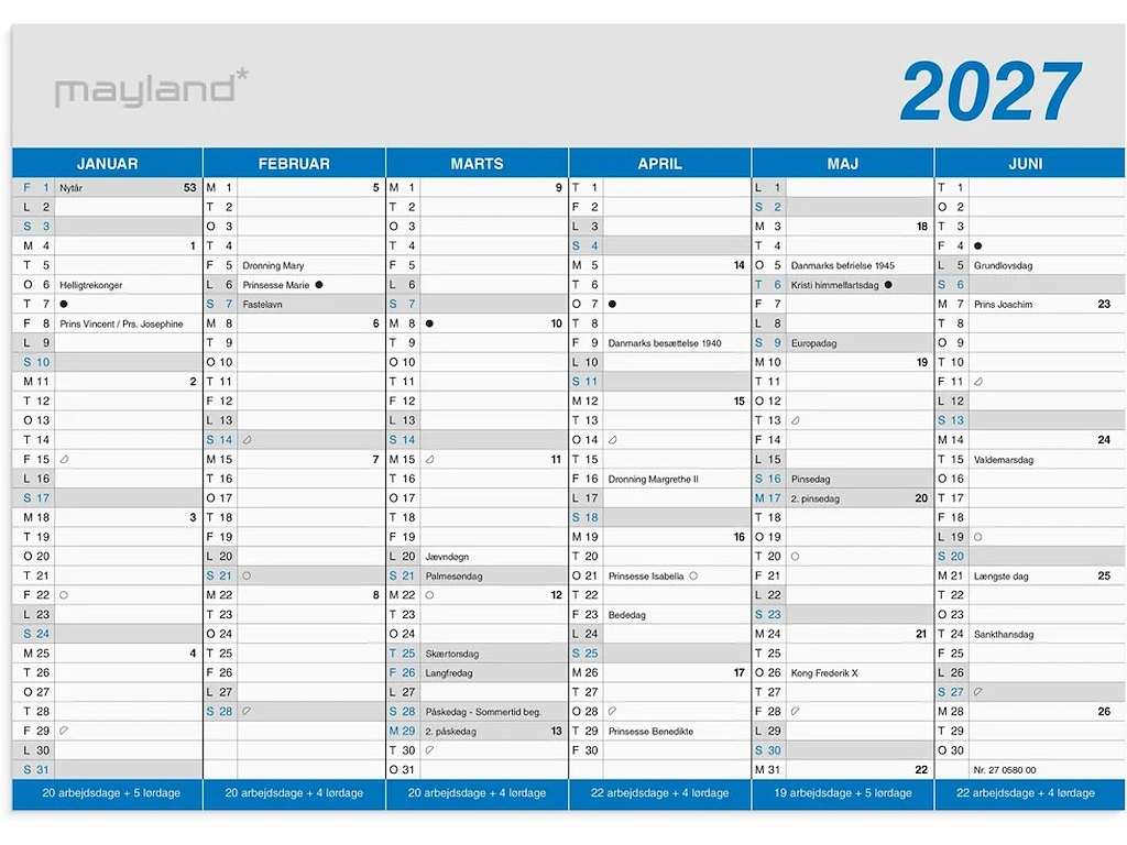 KALENDER MAYLAND 2027 27058000 2X6MDR. KLASSISK A5 24,2X18,5CM