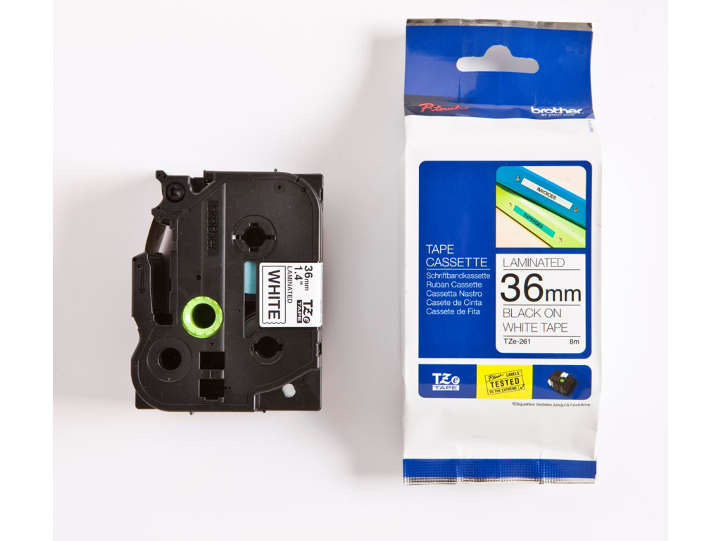 PRÆGETAPE BROTHER TZE261 36MMX8M SORT TEKST PÅ HVID TAPE 
