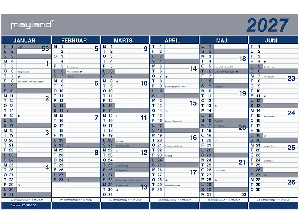 KALENDER MAYLAND 2027 27063000 2X6MDR. KONTORKALENDER A3 KARTON 44X29CM