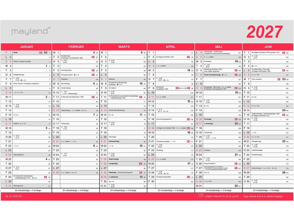 KALENDER MAYLAND 2027 27055000 2X6MDR. FLAGKALENDER 39X24CM